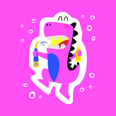 Cute cartoon dinosaur with irrigator and toothpaste. A picture with sparkles in the form of spots. Cute baby illustration in flat style. Sticker, merch, promotional sticker for brushing your teeth.