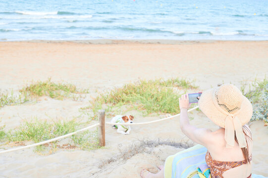 Young adult woman wears a summer dress and a hat while enjoys taking pictures of her dog sitting on the towel in front of the shore of a mediterranean beach. Summertime concept.