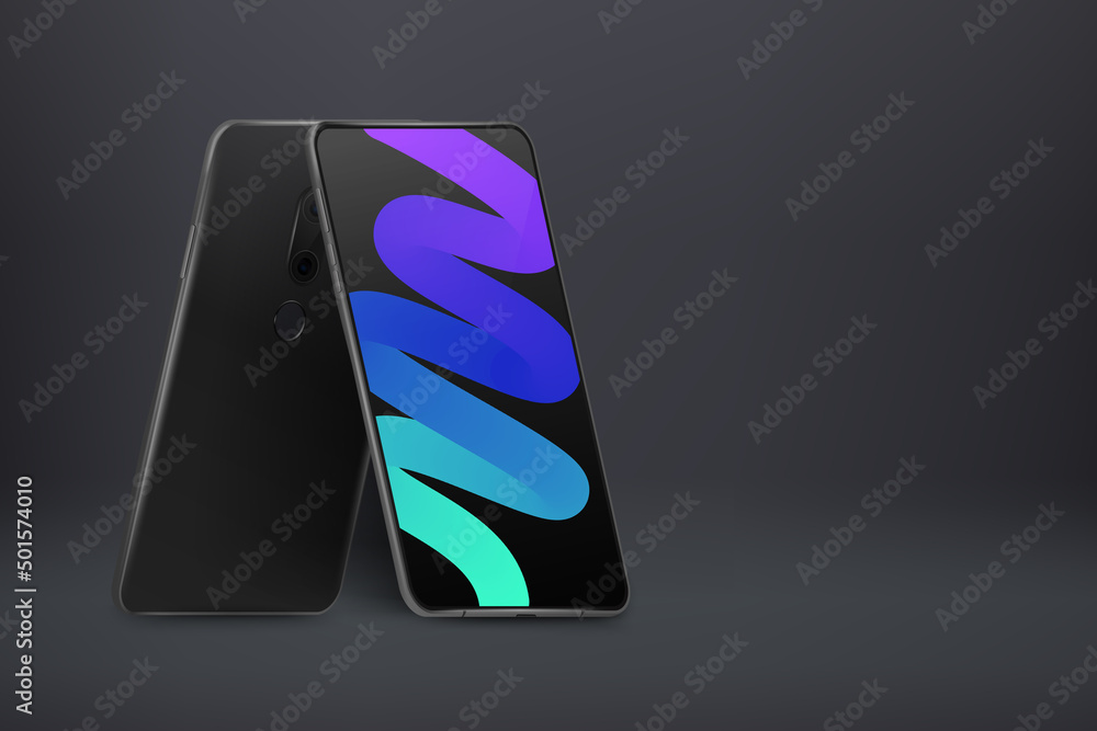 Poster back and front smartphone view in rotated position. realistic mobile phones perspective view. mock u