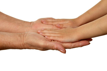 Grandmothers hands with little girl hands isolated on white background