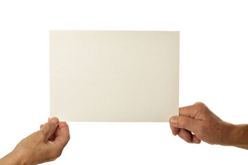 Hands holding blank paper on white background