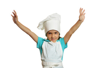 Portrait of little girl wearing chef uniform on white background