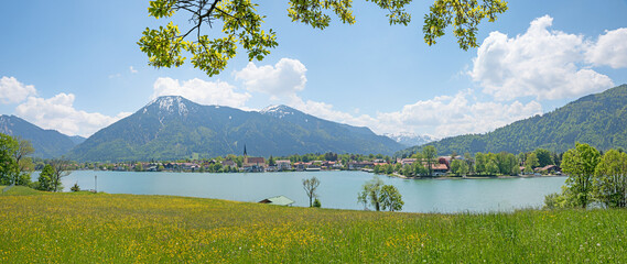 pictorial spring landscape lake Tegernsee, view to Rottach-Egern tourist resort. upper bavaria