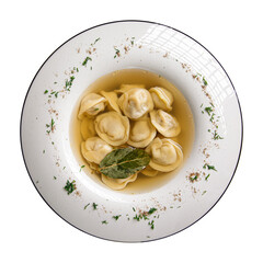 Isolated plate of cooked pelmeni russian dumplings on white background