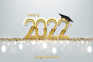 2022 graduation ceremony banner. Award concept with academic hat, golden numbers and text on festive background