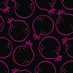 Outlines pomegranates. Seamless pattern vector illustration. Summer design with lovely fruits on the black background. Hand drew ink doodle style. Abstract fruit.