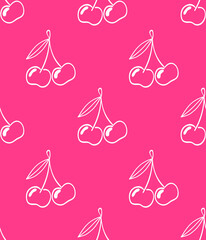 Cherry. Seamless pattern vector illustration. Summer design with lovely berries on the pink background. Hand drew ink doodle style. Abstract fruit.