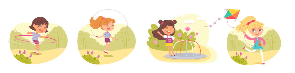 Girls playing in park or playground set. Happy kids doing outdoor summer activities vector illustration. Child with flying kite, girl with halahup and skipping rope, on swing, carousel