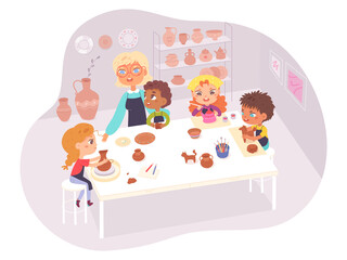 Kids making crockery and clay sculptures on pottery master class, woman teaching children