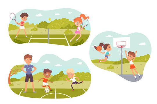 Summer sport camp for children set, boys and girls play tennis, soccer and basketball