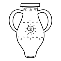 Clay African vase. Antique tableware. Vector cartoon illustration page or book for kids and adults