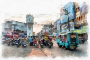 Fototapeta premium Landscape of commercial districts and markets of the city center in the provinces of Thailand watercolor style illustration impressionist painting.