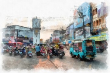 Landscape of commercial districts and markets of the city center in the provinces of Thailand watercolor style illustration impressionist painting.