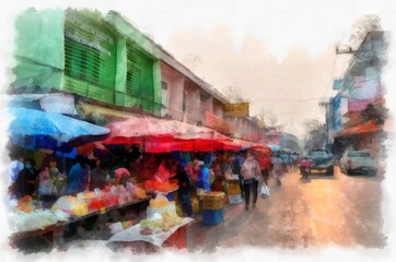 Landscape of commercial districts and markets of the city center in the provinces of Thailand watercolor style illustration impressionist painting.