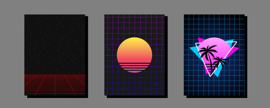 Background collection. Retrowave, synthwave, rave, vapor wave party background. Retro, vintage 80s, 90s style. Black, purple, pink, blue colors. Print, wallpaper, web template. Futurism vector.