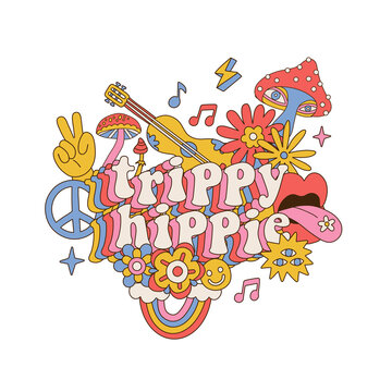 Trippy hippie - Retro 70's psychedelic print with groovy slogan for man and woman graphic tee t shirt or sticker decorated with mushrooms, music, flowers and rainbow. Vector isolated illustration.