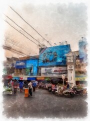 Landscape of commercial districts and markets of the city center in the provinces of Thailand watercolor style illustration impressionist painting.