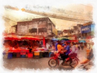 Obraz premium Landscape of commercial districts and markets of the city center in the provinces of Thailand watercolor style illustration impressionist painting.