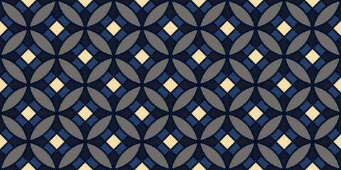 Geometric pattern Japan circle elegant motif dark blue seamless geo background. Abstract round shapes modern geometrical fabric design textile swatch ladies dress, man shirt all over print block.