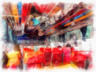 Inside the old bus between districts in Thailand watercolor style illustration impressionist painting.