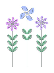 Contour flowers with leaves and color shapes petals set isolated on white. Color vector illustration. Floral design element for print, background, banner or card.