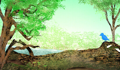 神秘的な霧の森の芽生えと青い鳥和紙テクスチャ背景イラスト