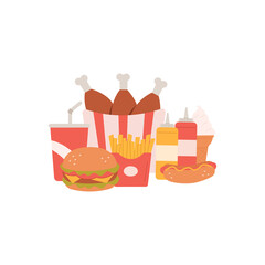 Fast food French fries, hotdog,hamburger,nuggets,mustard,ketchup and ice cream isolated on white background.Vector illustration cartoon flat style.