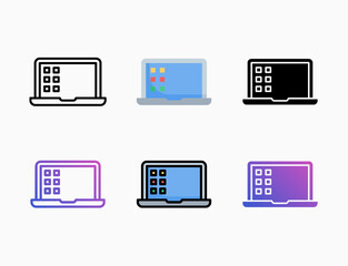 Laptop notebook icon set with style line, outline, flat, glyph, color, gradient. Editable stroke and pixel perfect. Can be used for digital product, presentation, print design and more.