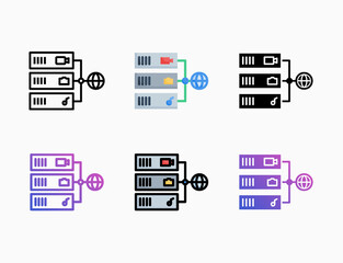 Server database connection icon set with style line, outline, flat, glyph, color, gradient. Editable stroke and pixel perfect. Can be used for digital product, presentation, print design and more.