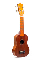 The old brown ukulele isolated on a white background.