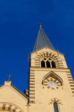  Moscow, Russia - April 20, 2022: tower of a catholic church