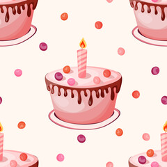 Holiday cooking seamless pattern. Cupcake, cake, sweet pastry, cupcake with colored icing and colorful details. Food concept. Realistic vector illustration, design for print, fabric, textile