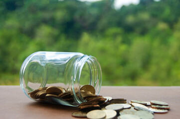 Gold coins on wooden table with blurred nature background.