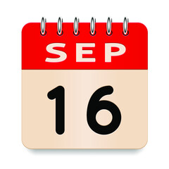 16 day of the month. September. Flip old formal calendar. 3d daily icon. Date. Week Sunday, Monday, Tuesday, Wednesday, Thursday, Friday, Saturday. Cut paper. White background. Vector illustration.