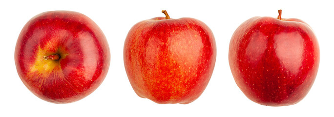 Red apple, top and side view. Red apple with tail isolated on white background.