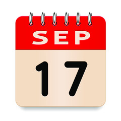 17 day of the month. September. Flip old formal calendar. 3d daily icon. Date. Week Sunday, Monday, Tuesday, Wednesday, Thursday, Friday, Saturday. Cut paper. White background. Vector illustration.