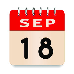 18 day of the month. September. Flip old formal calendar. 3d daily icon. Date. Week Sunday, Monday, Tuesday, Wednesday, Thursday, Friday, Saturday. Cut paper. White background. Vector illustration.