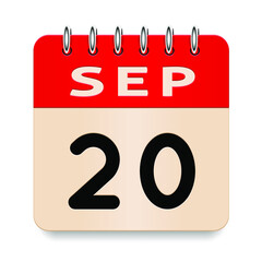 20 day of the month. September. Flip old formal calendar. 3d daily icon. Date. Week Sunday, Monday, Tuesday, Wednesday, Thursday, Friday, Saturday. Cut paper. White background. Vector illustration.