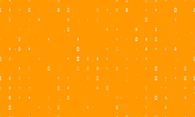 Seamless background pattern of evenly spaced white Christmas lanterns of different sizes and opacity. Vector illustration on orange background with stars