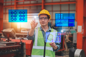 Worker using technology visual screen checking system safety before working in production factory