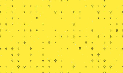 Seamless background pattern of evenly spaced black astrological pluto symbols of different sizes and opacity. Vector illustration on yellow background with stars