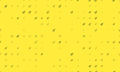 Seamless background pattern of evenly spaced black astrological connection symbols of different sizes and opacity. Vector illustration on yellow background with stars