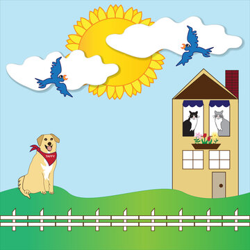 A fun summer vector illustration, "Home Sweet Home" house on a hill with fence, two cats looking out the windows, a cute dog, bright sun peaking through the clouds , two blue birds flying in the sky.