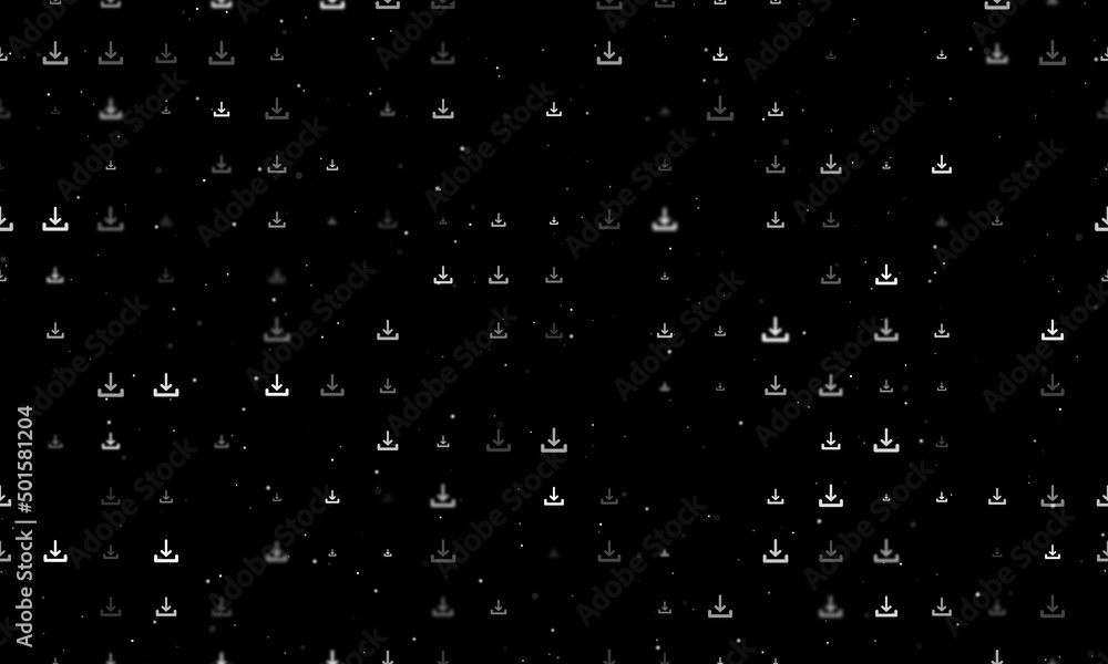 Poster seamless background pattern of evenly spaced white download symbols of different sizes and opacity. 