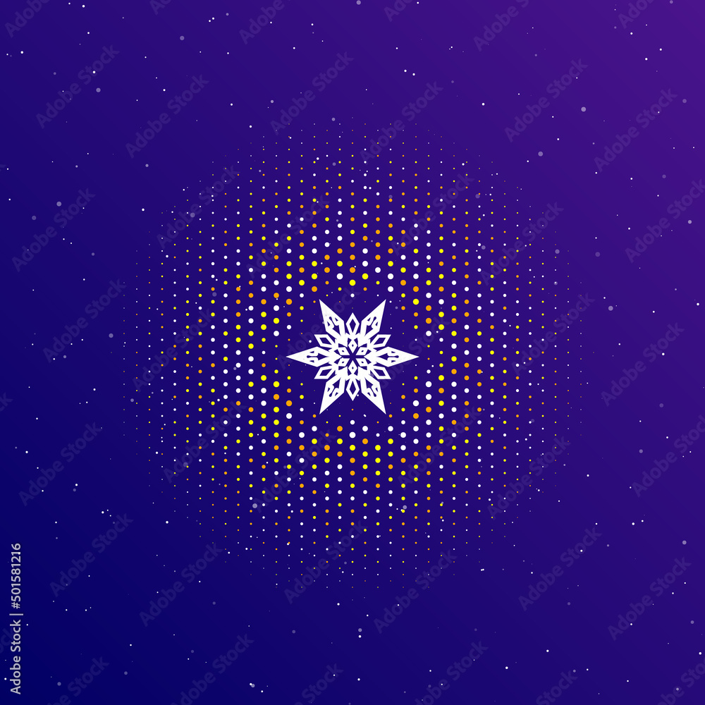 Poster a large white contour snowflake in the center, surrounded by small dots. dots of different colors in