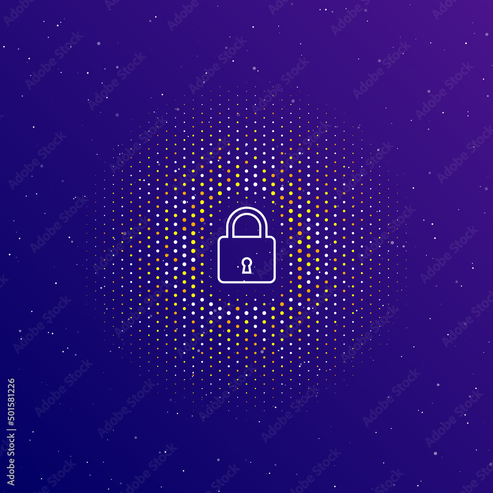 Poster A large white contour padlock symbol in the center, surrounded by small dots. Dots of different colors in the shape of a ball. Vector illustration on dark blue gradient background with stars