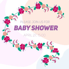 Tender invitation to baby shower with floral design on a colourful background