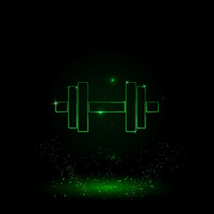 A large green outline dumbbell symbol on the center. Green Neon style. Neon color with shiny stars. Vector illustration on black background