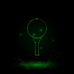 A large green outline golf symbol on the center. Green Neon style. Neon color with shiny stars. Vector illustration on black background