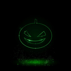 A large green outline halloween pumpkin symbol on the center. Green Neon style. Neon color with shiny stars. Vector illustration on black background